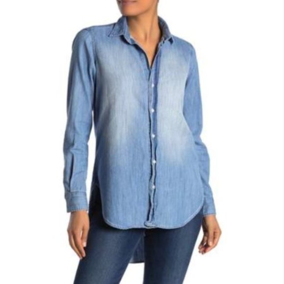Frank & Eileen Grayson Denim Chambray Distressed Button Front Shirt - Picture 3 of 12